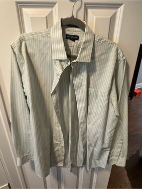 Lands' End Men's Pale Green and White Striped Button-Up Shirt